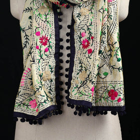 Ranihati Chanderi Silk Hand Embroidered Stole with Pom Pom 193