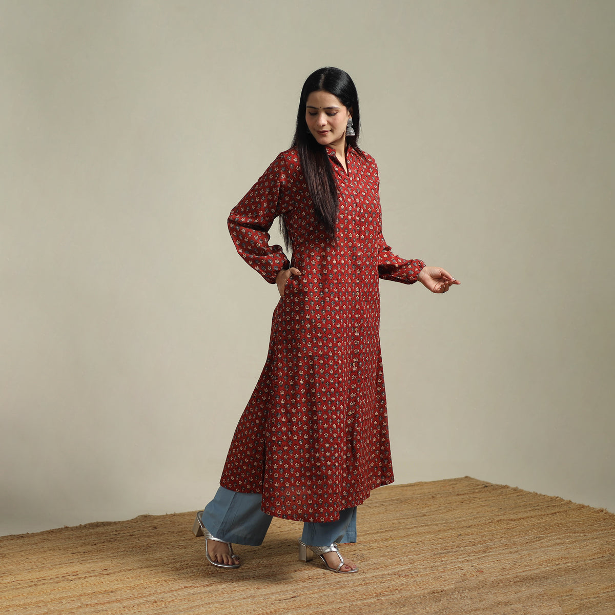 Ajrakh Hand Block Print Natural Dyed Cotton Button Down A-Line Long Kurta for women 03
