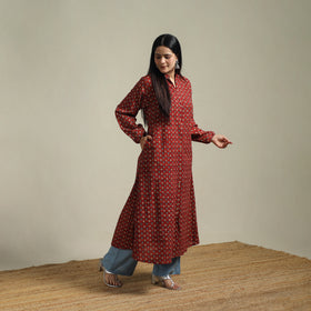 Ajrakh Hand Block Print Natural Dyed Cotton Button Down A-Line Long Kurta for women 03