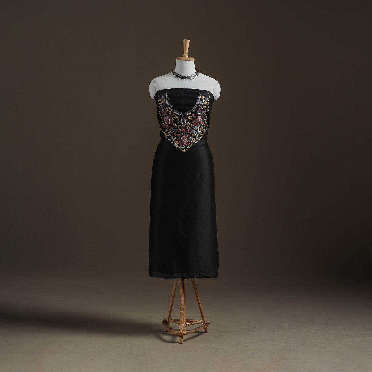 Black - Handpainted Srikalahasti Handloom Chanderi Silk Unstitched Kurta (2.3M) 13