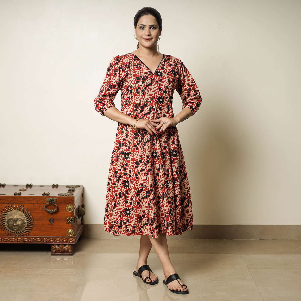 Red - Bagru Block Printed Cotton Flared Dress 01