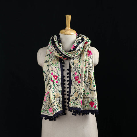 Ranihati Chanderi Silk Hand Embroidered Stole with Pom Pom 193