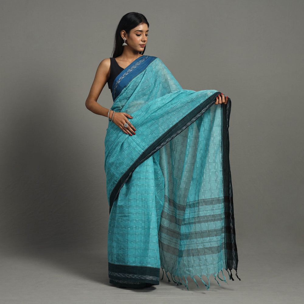 Blue - Checks Cotton Handloom Saree 43