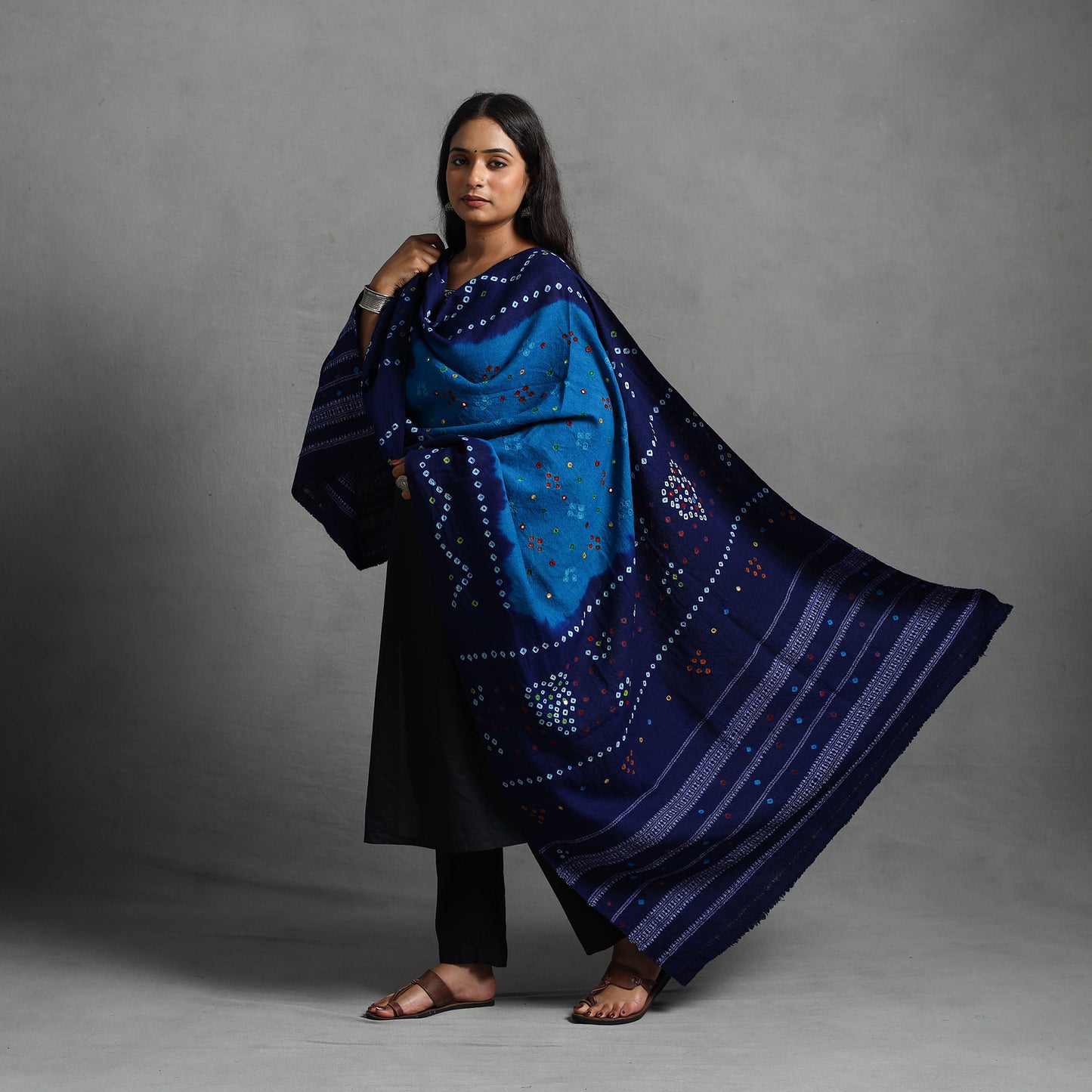 Blue - Kutch Mirror Work Handwoven Bandhani Bagida Woolen Shawl 04