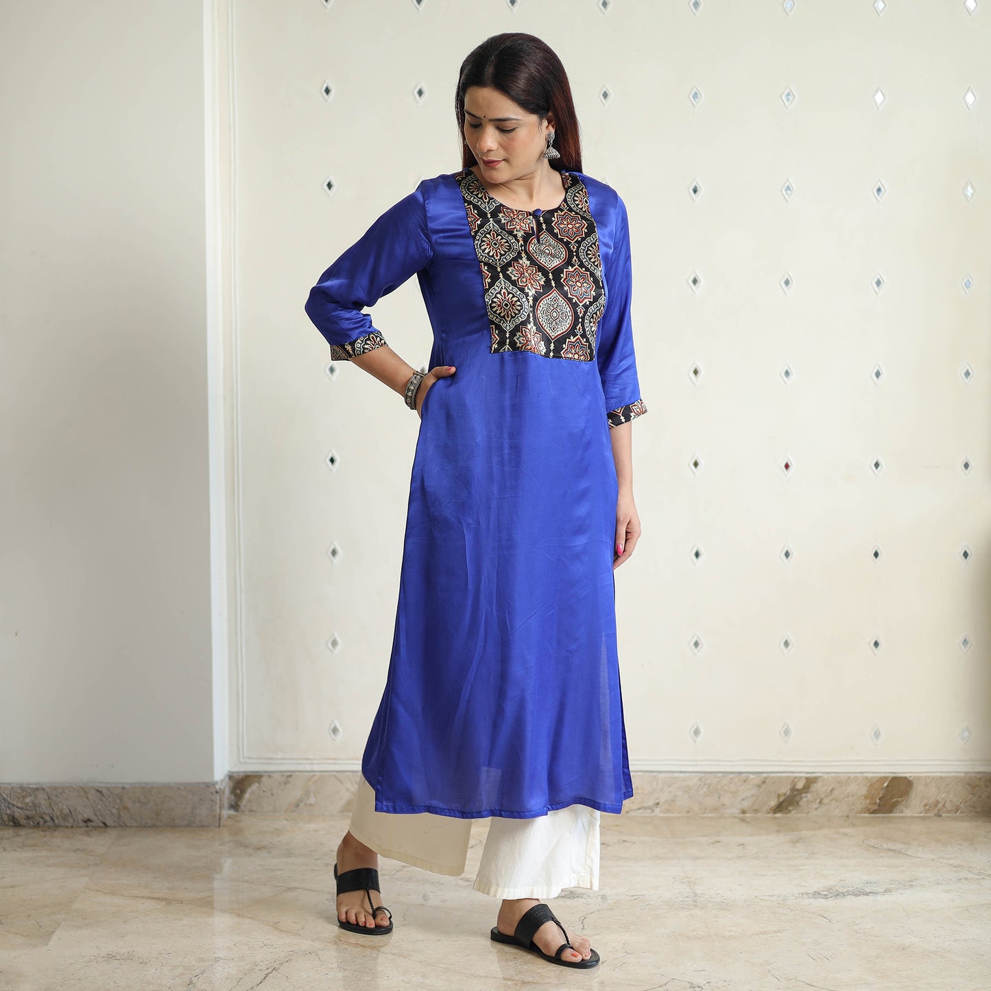 Dark Blue - Modal Silk Plain Long Straight Kurta 33