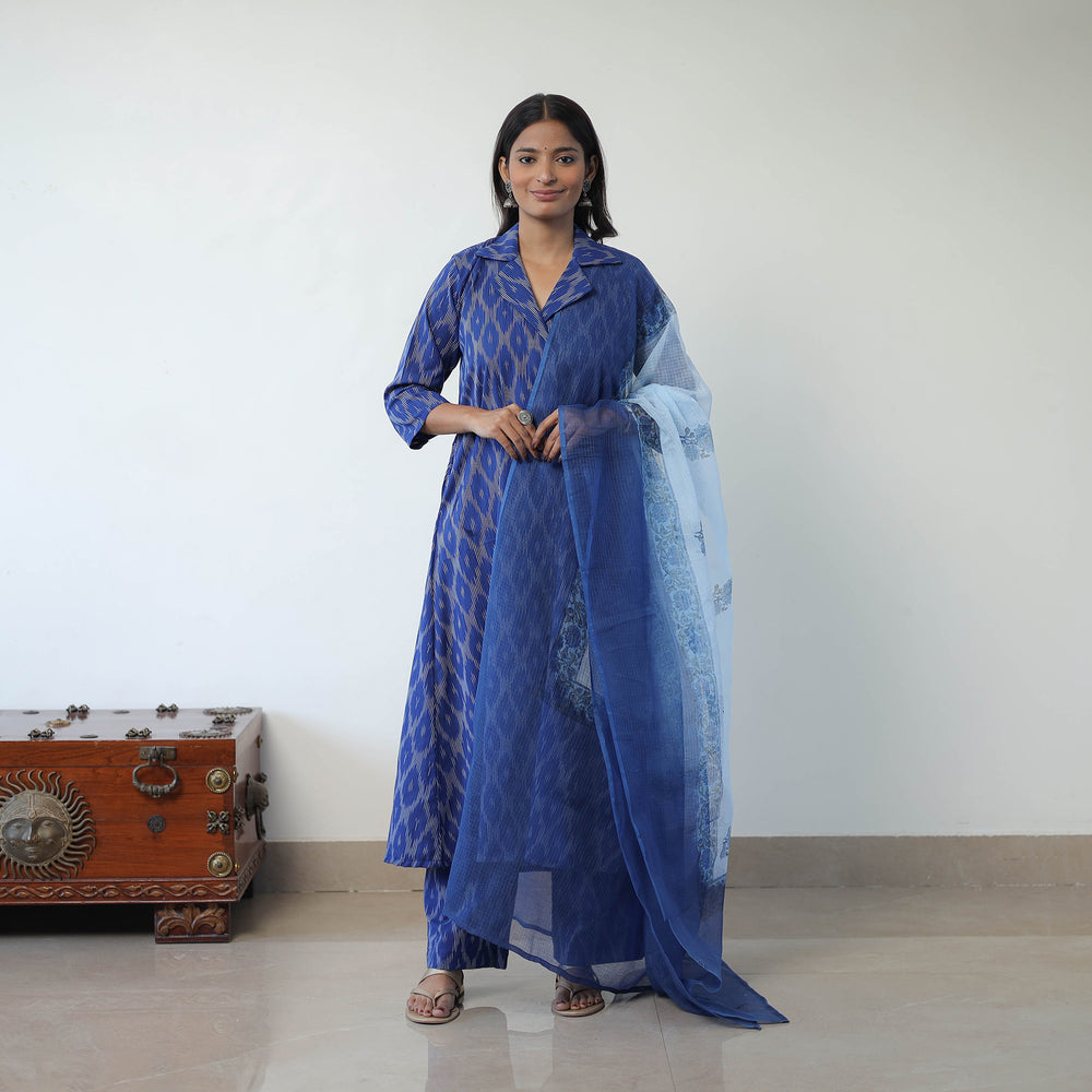 Blue - Handloom Cotton Pochampally Ikat Kurta Set with Dupatta 11