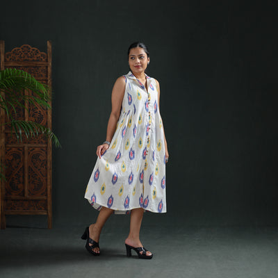 Pochampally Ikat Cotton Sleeveless Buttoned Down Long Dress for Women 13