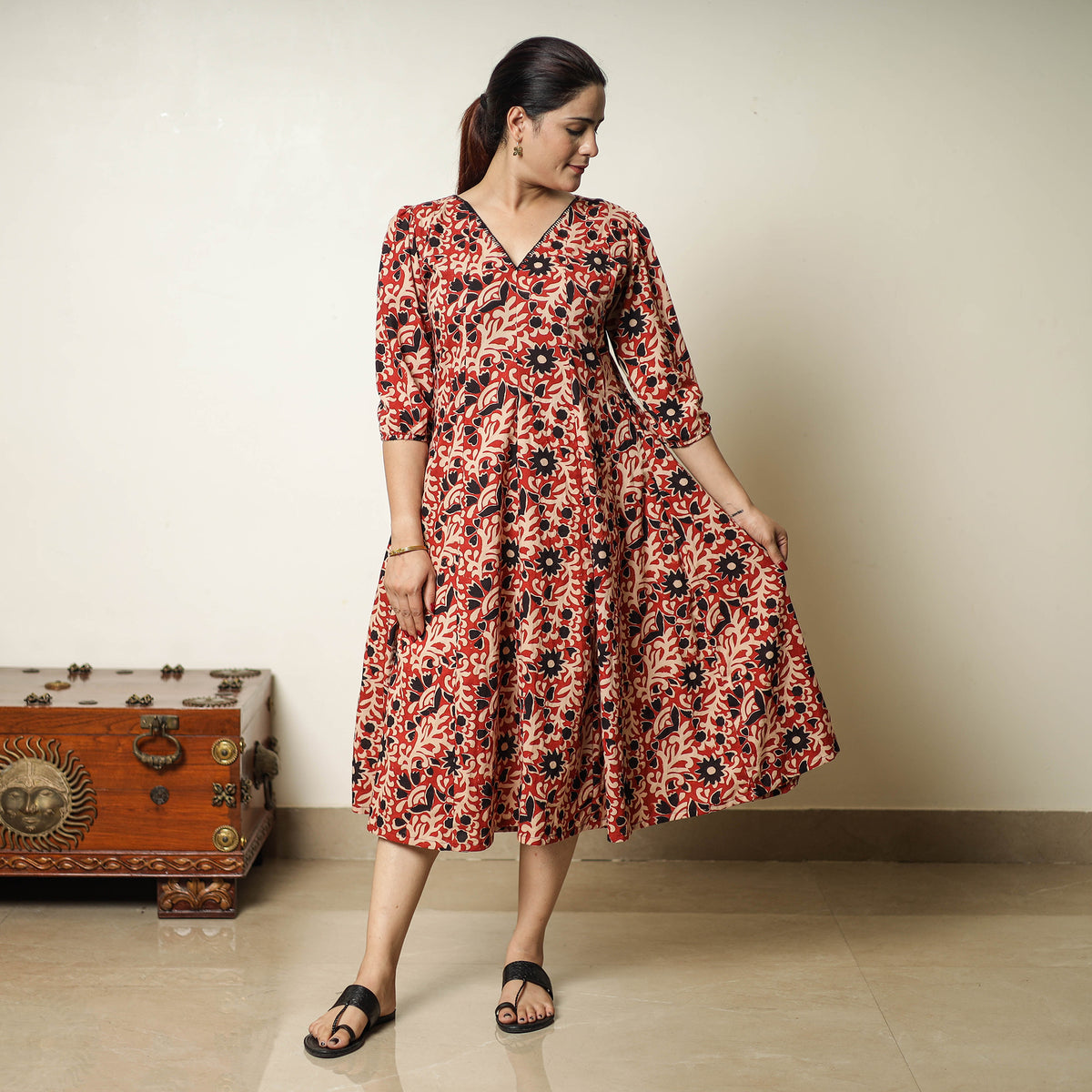 Red - Bagru Block Printed Cotton Flared Dress 01