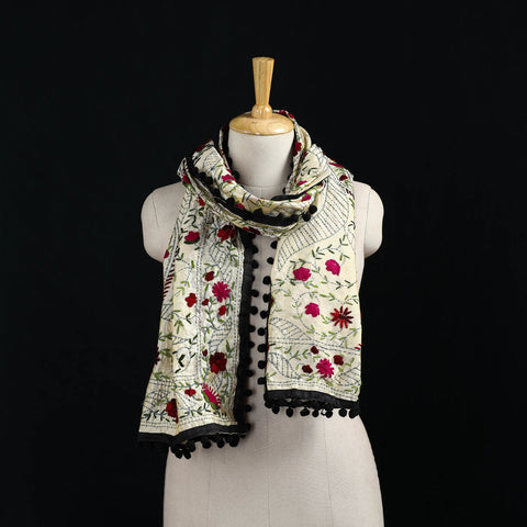 Ranihati Chanderi Silk Hand Embroidered Stole with Pom Pom 194