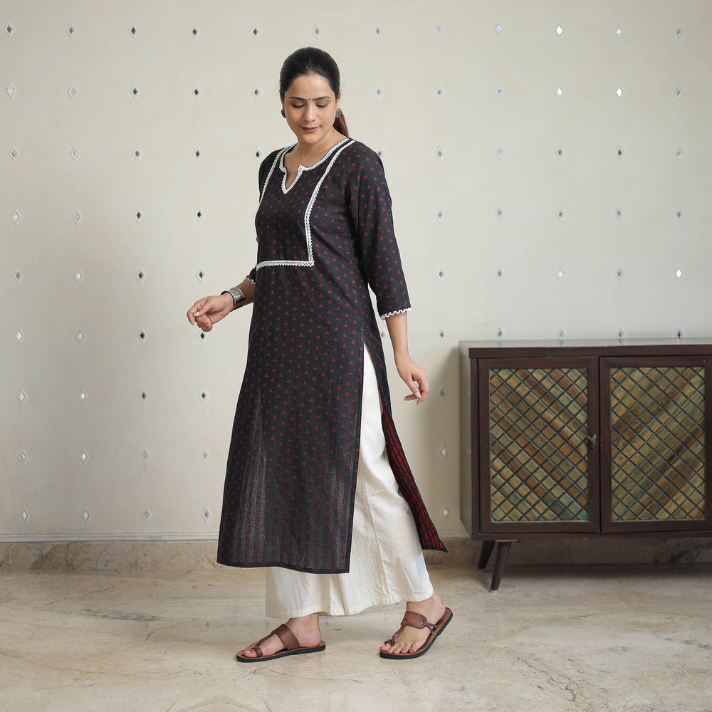 Black - Jacquard Cotton Straight Kurta with Lace Work 31