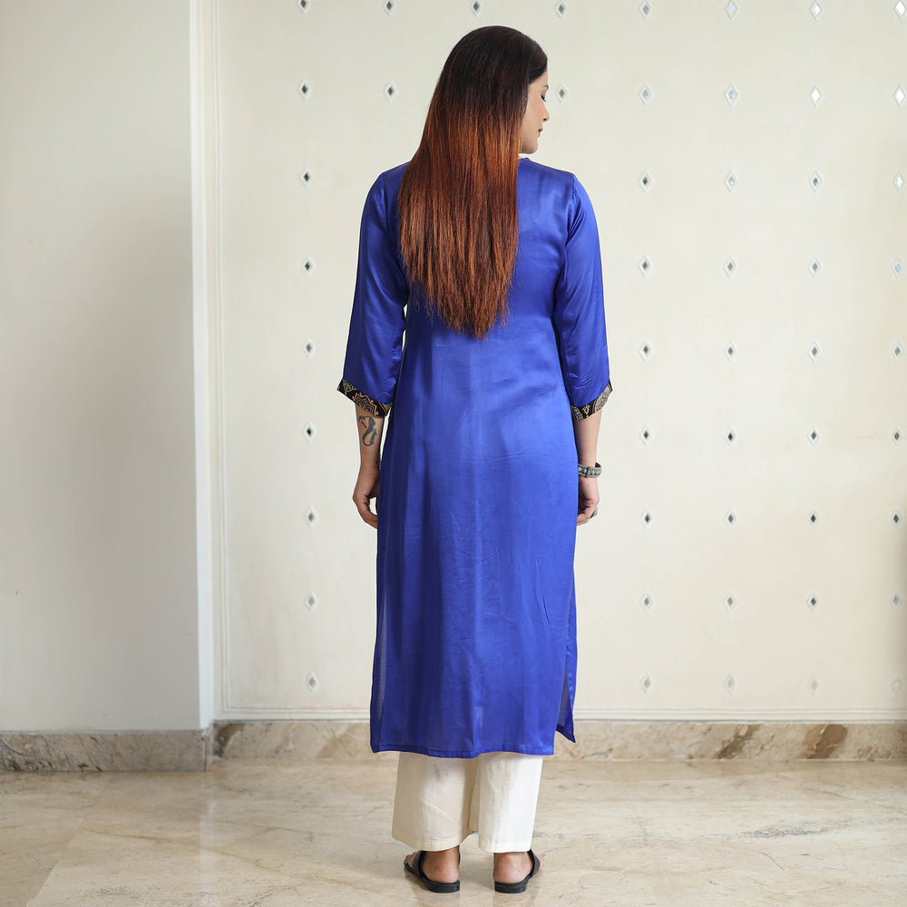 Dark Blue - Modal Silk Plain Long Straight Kurta 33