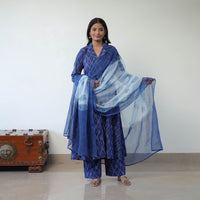 Blue - Handloom Cotton Pochampally Ikat Kurta Set with Dupatta 11