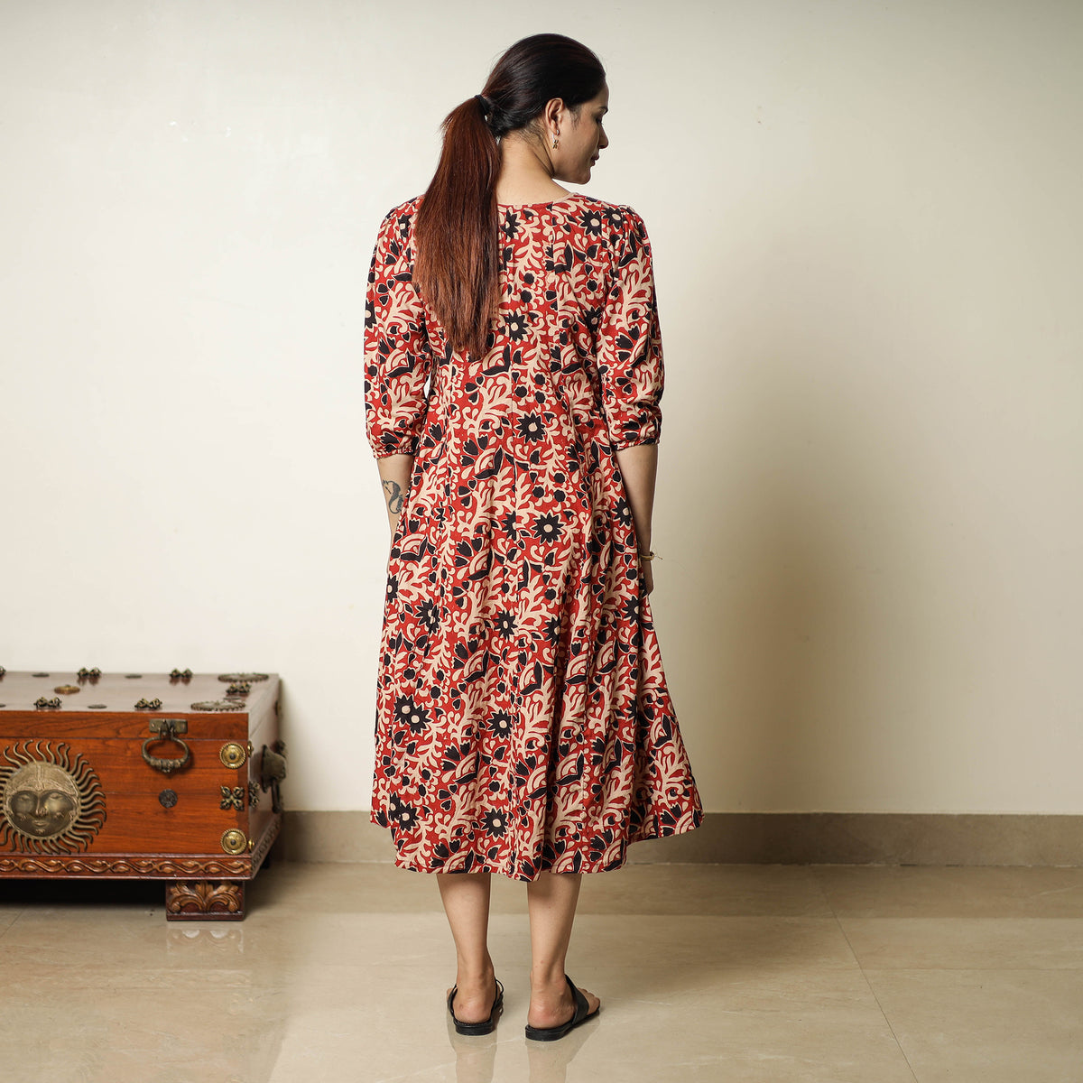 Red - Bagru Block Printed Cotton Flared Dress 01