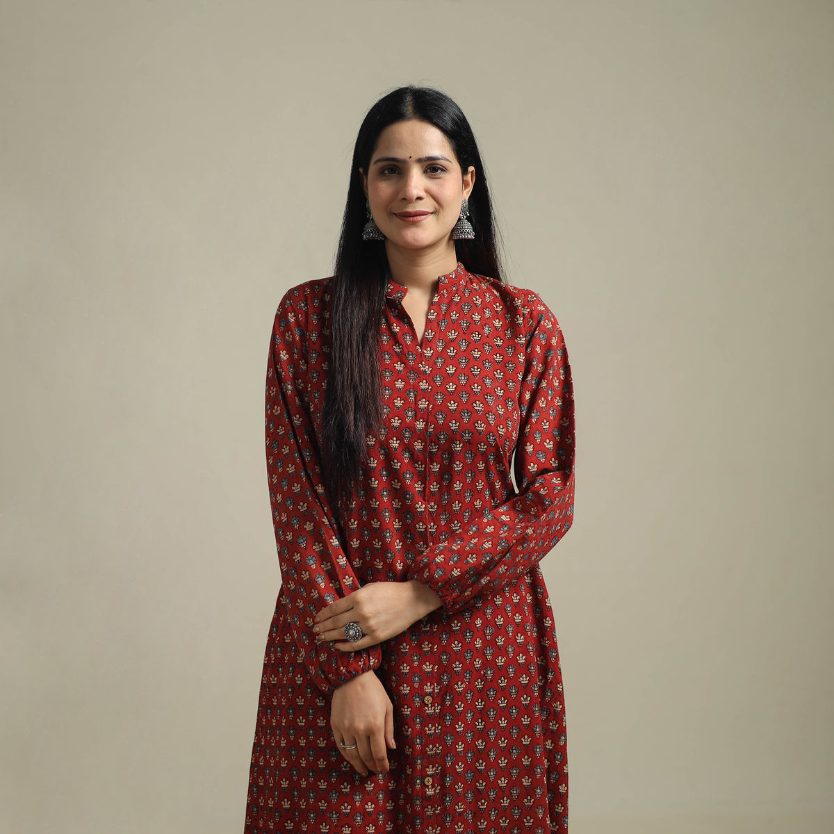 Ajrakh Hand Block Print Natural Dyed Cotton Button Down A-Line Long Kurta for women 03