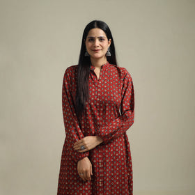 Ajrakh Hand Block Print Natural Dyed Cotton Button Down A-Line Long Kurta for women 03