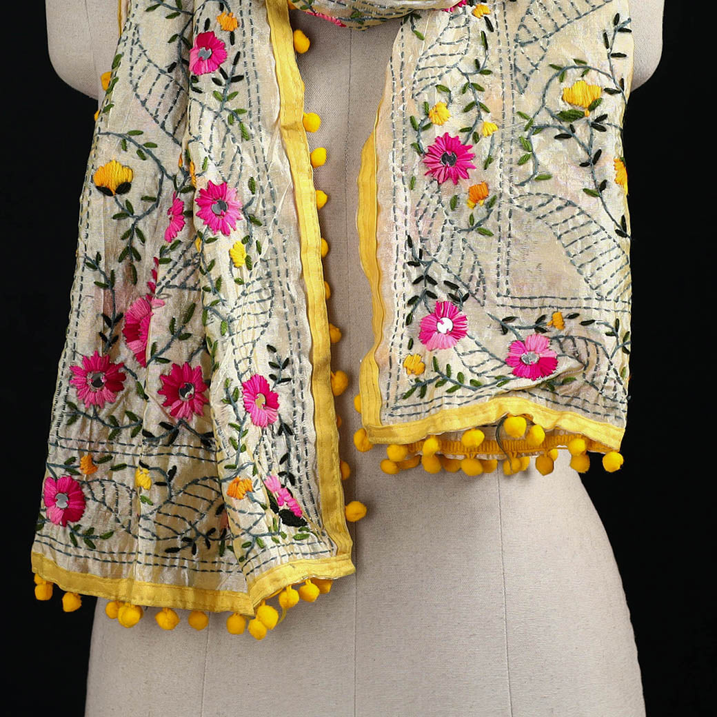 Ranihati Chanderi Silk Hand Embroidered Stole with Pom Pom 196