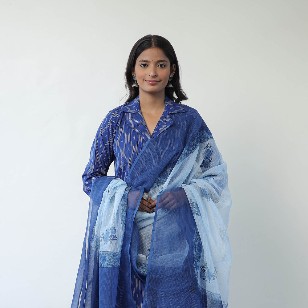 Blue - Handloom Cotton Pochampally Ikat Kurta Set with Dupatta 11