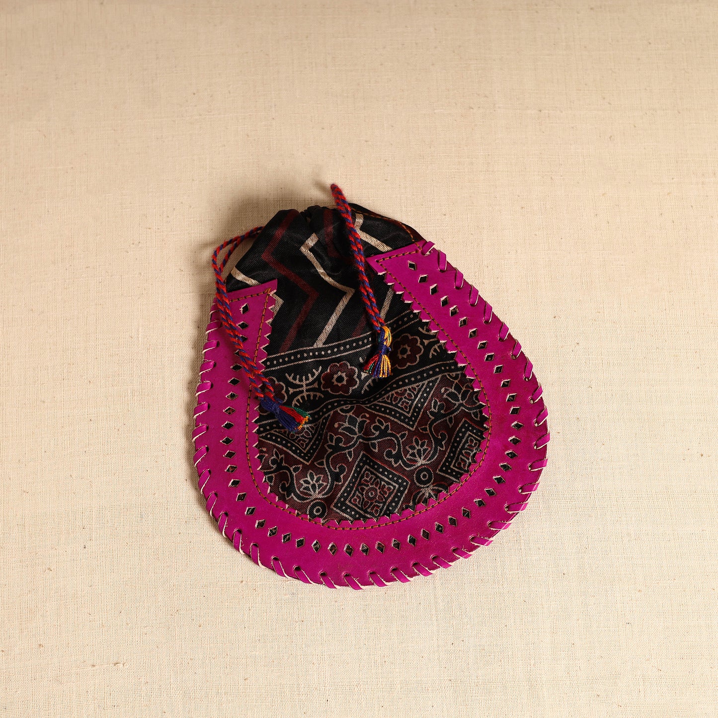 Traditional Kutch Mashru Silk Leather Drawstring Coin Potli 10