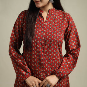 Ajrakh Hand Block Print Natural Dyed Cotton Button Down A-Line Long Kurta for women 03