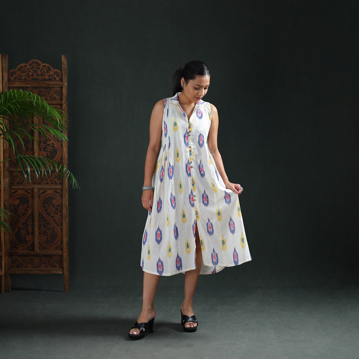 Pochampally Ikat Cotton Sleeveless Buttoned Down Long Dress for Women 13
