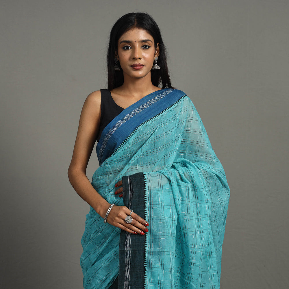 Blue - Checks Cotton Handloom Saree 43