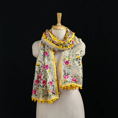 Ranihati Chanderi Silk Hand Embroidered Stole with Pom Pom 196