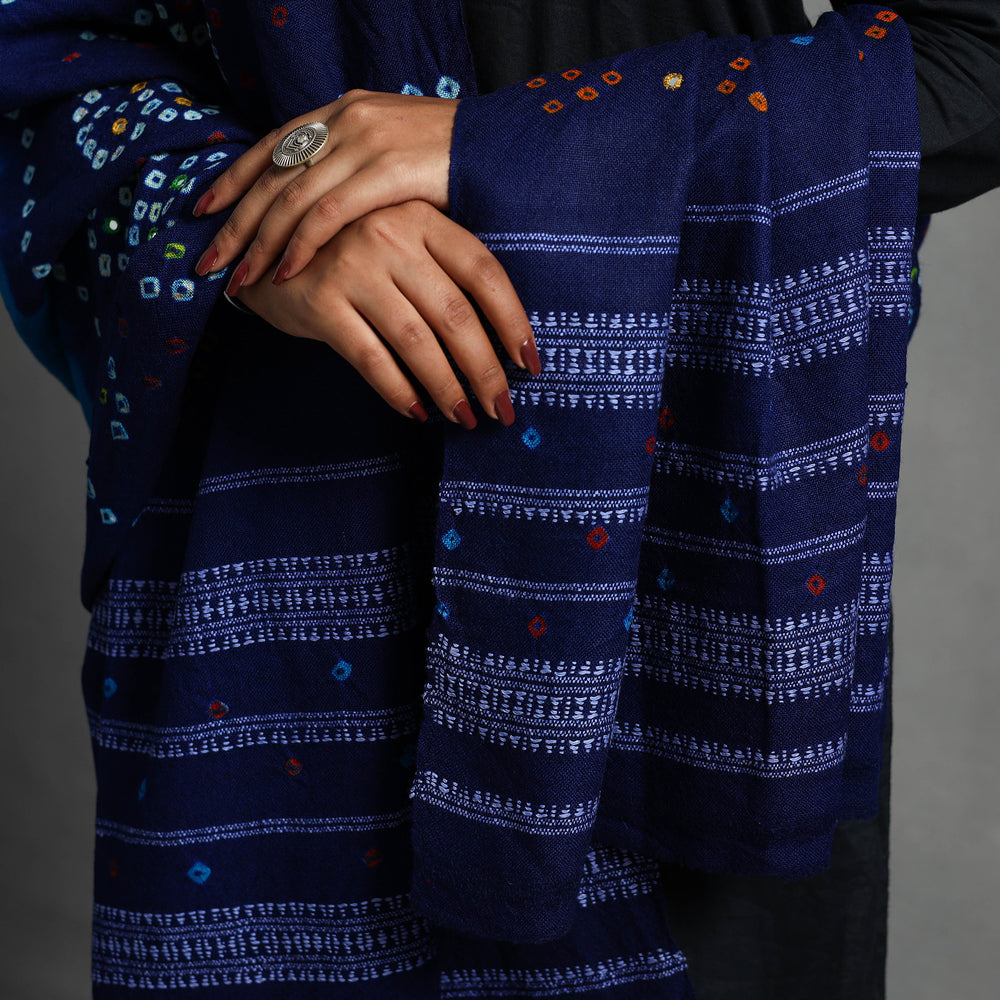 Blue - Kutch Mirror Work Handwoven Bandhani Bagida Woolen Shawl 04