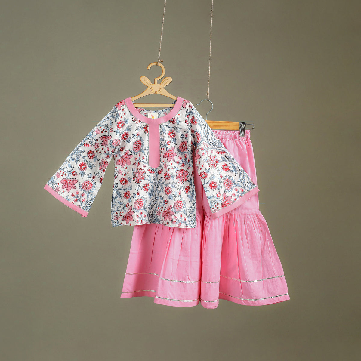 Girls Gota Work Floral Block Print Cotton Kurta with Sharara Set (3-4 Years) 33