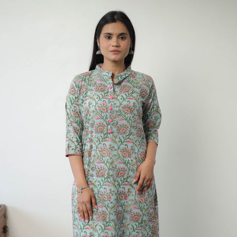 Blue - Sanganeri Block Printed Cotton Long Straight Kurta