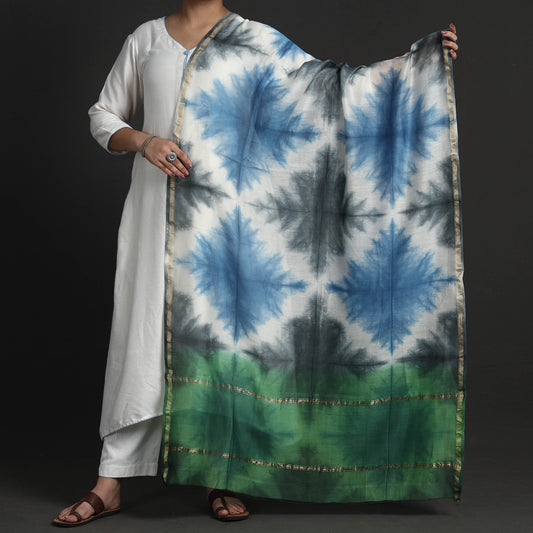Multicolor - Exclusive!! Handloom Shibori Tie-Dye Chanderi Silk Dupatta with Zari Border