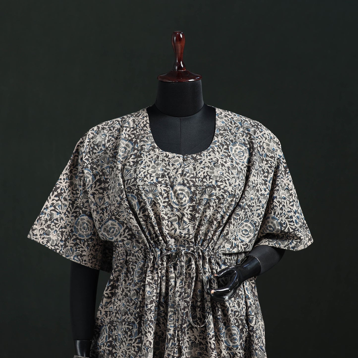 Gray - Kalamkari Hand Block Print Natural Dyed Cotton Kaftan (Short) 24