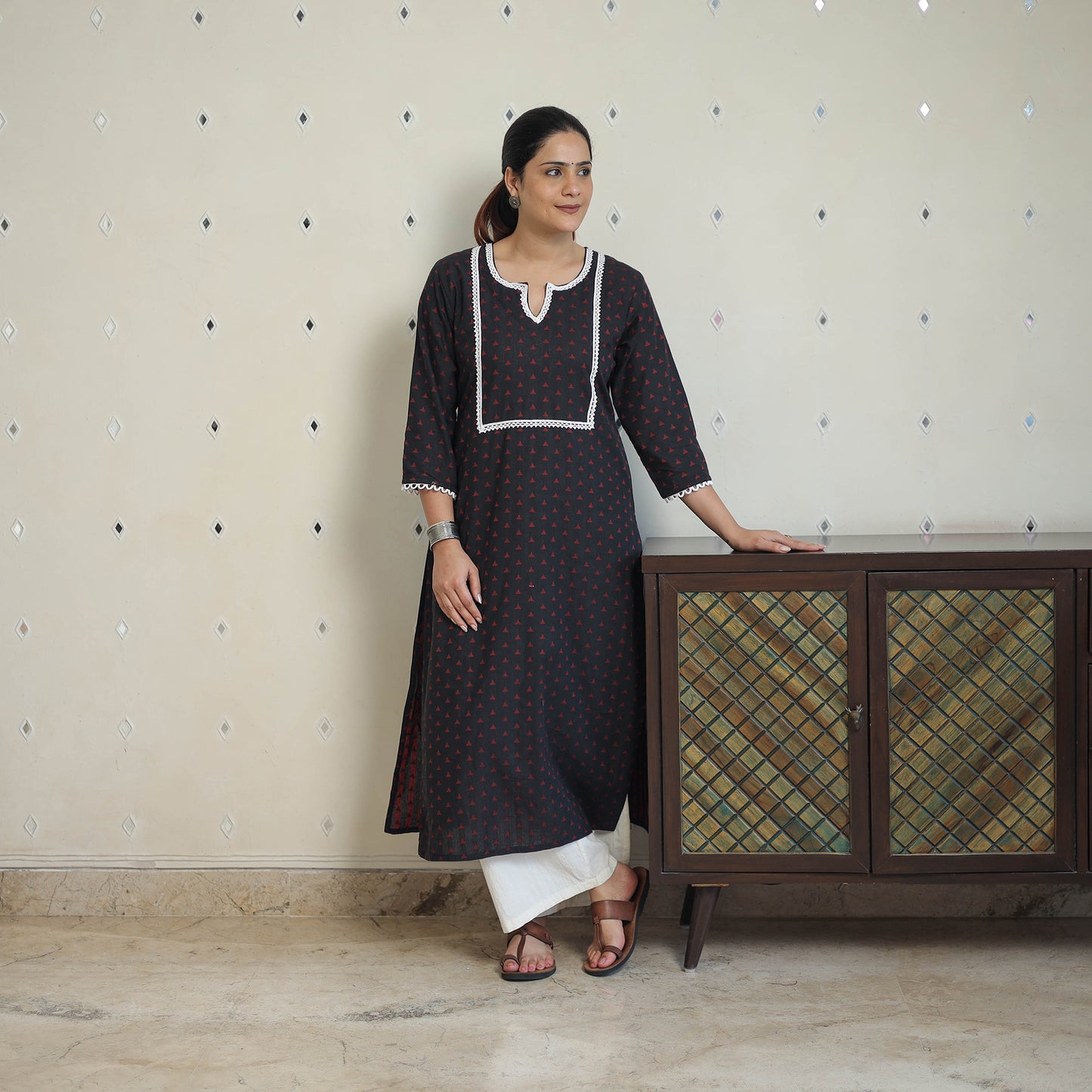 Black - Jacquard Cotton Straight Kurta with Lace Work 31