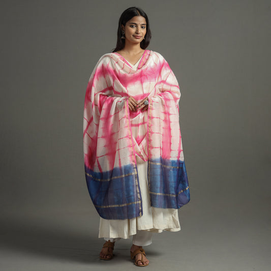 Pink - Shibori Tie-Dye Handloom Chanderi Silk Dupatta with Zari Border 56