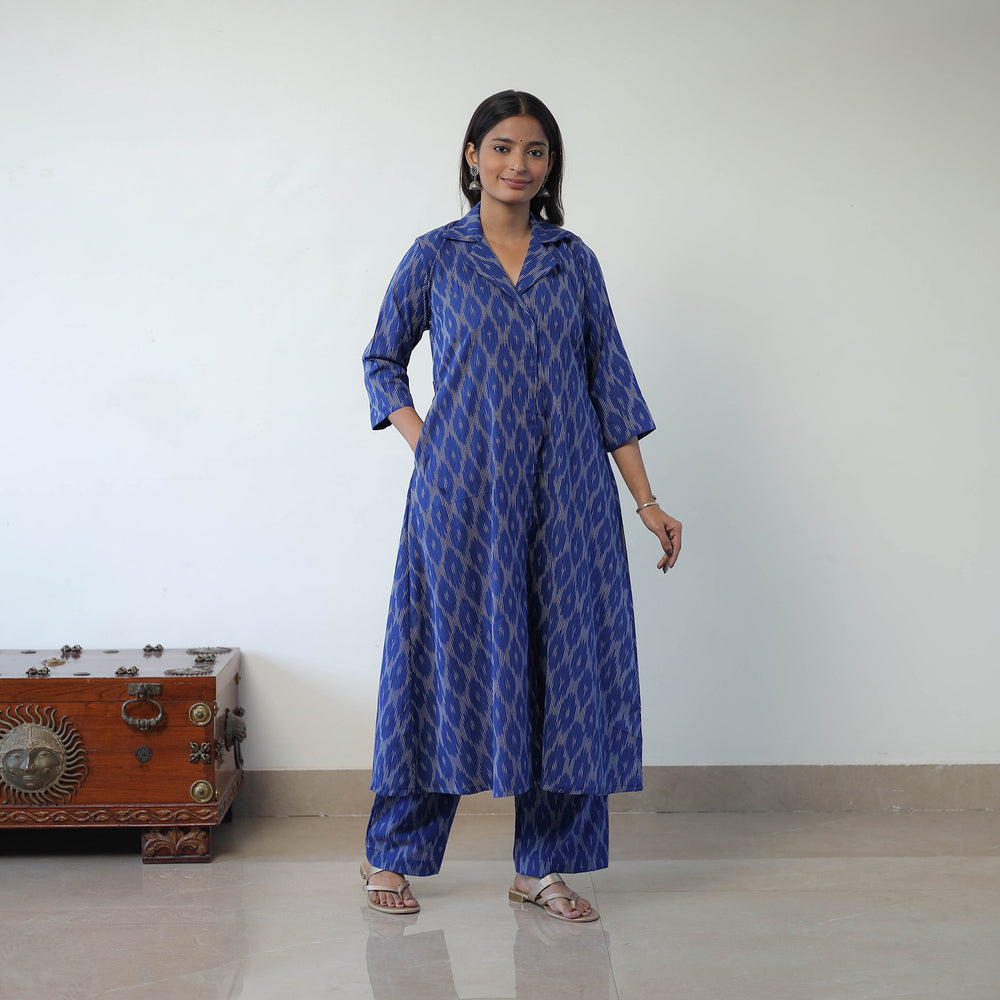 Blue - Handloom Cotton Pochampally Ikat Kurta Set with Dupatta 11