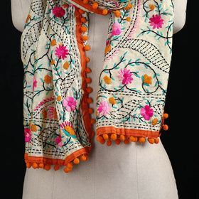 Beige - Ranihati Chanderi Silk Hand Embroidered Stole with Pom Pom 198