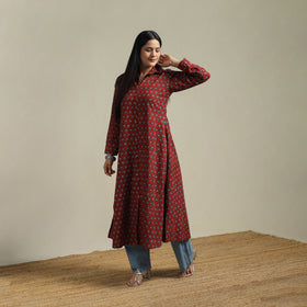 Ajrakh Hand Block Print Natural Dyed Cotton Button Down A-Line Long Kurta for women 02