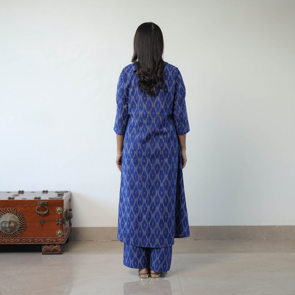 Blue - Handloom Cotton Pochampally Ikat Kurta Set with Dupatta 11