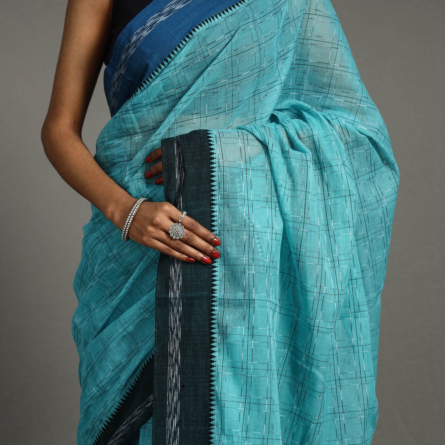 Blue - Checks Cotton Handloom Saree 43