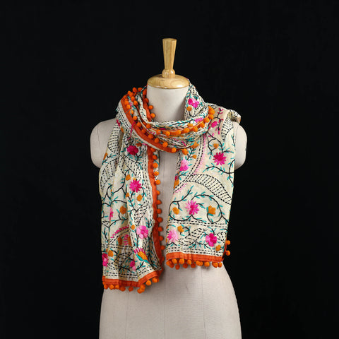 Ranihati Chanderi Silk Hand Embroidered Stole with Pom Pom 198