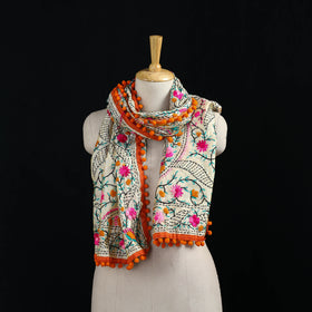 Beige - Ranihati Chanderi Silk Hand Embroidered Stole with Pom Pom 198