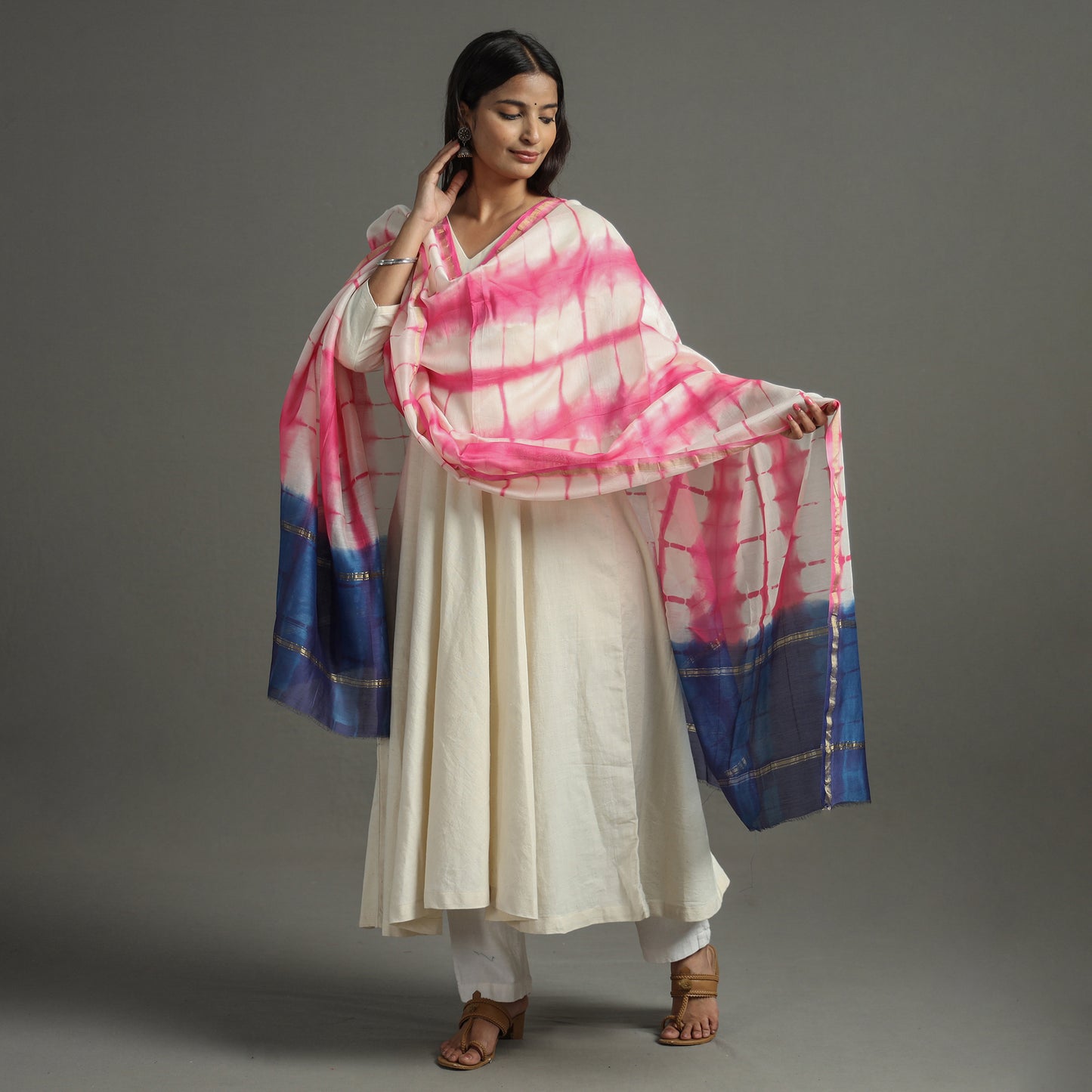 Pink - Shibori Tie-Dye Handloom Chanderi Silk Dupatta with Zari Border 56