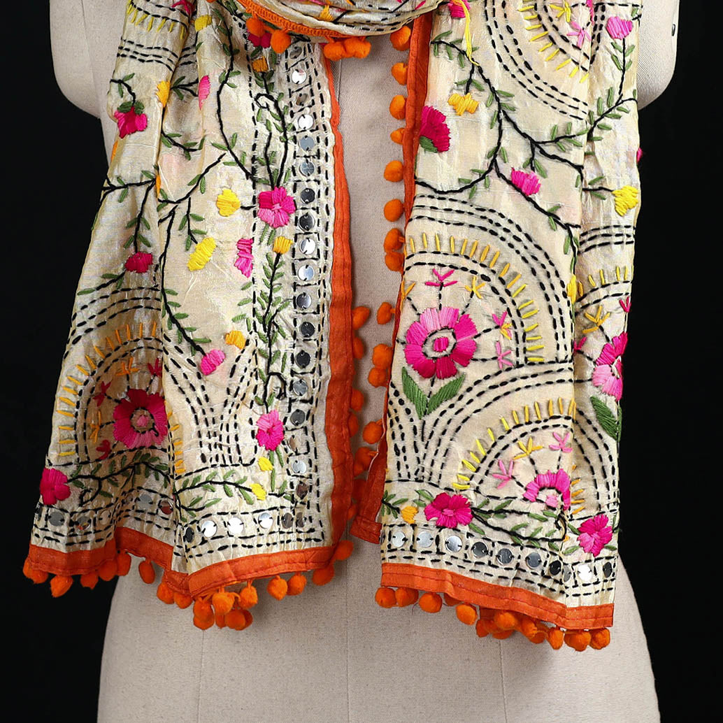 Ranihati Chanderi Silk Hand Embroidered Stole with Pom Pom 199