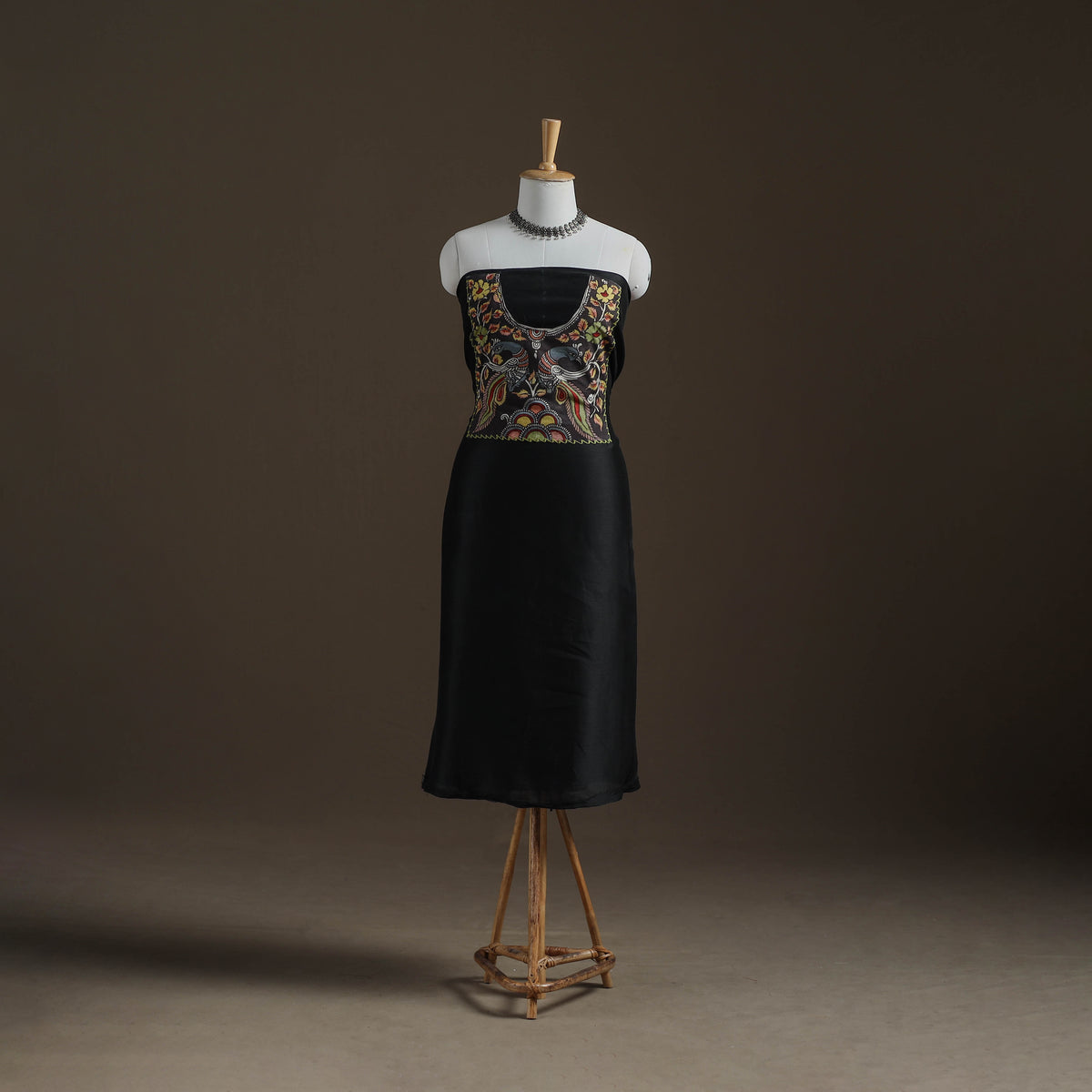 Black - Handpainted Srikalahasti Handloom Chanderi Silk Unstitched Kurta (2.3M) 14