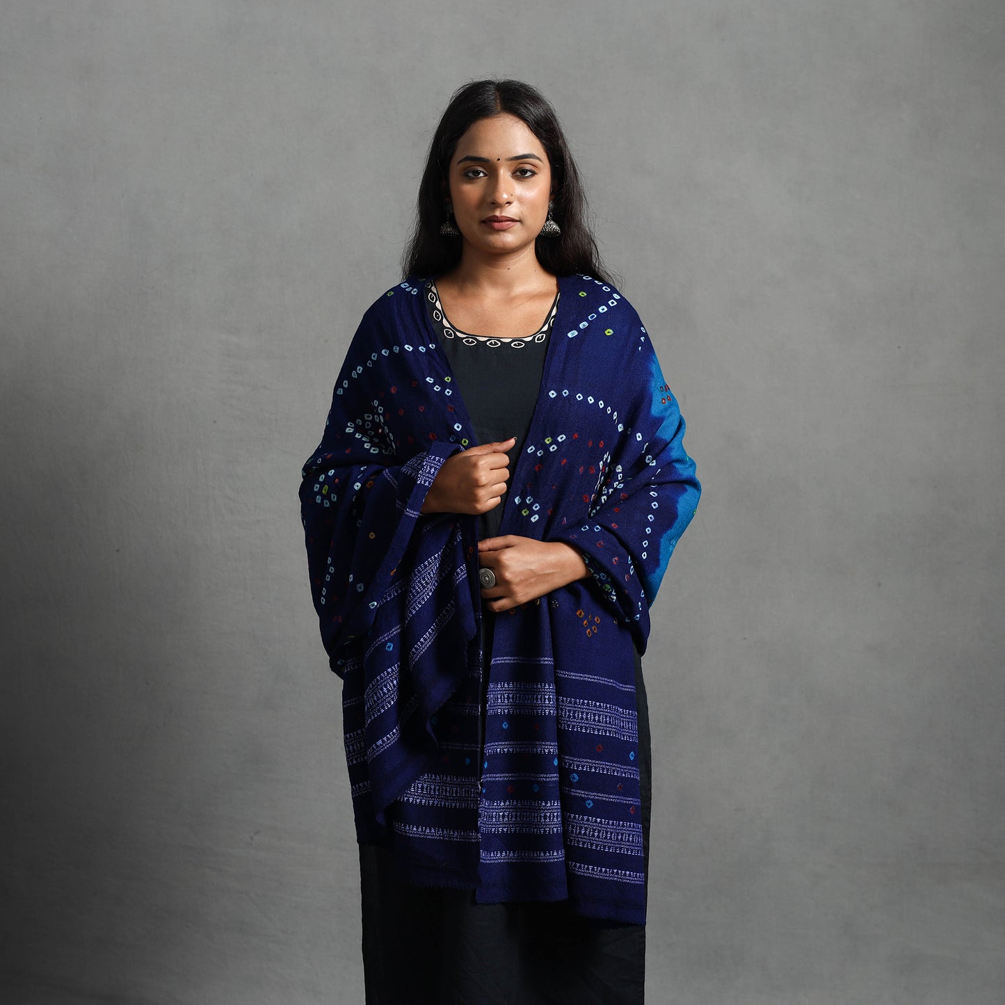 Blue - Kutch Mirror Work Handwoven Bandhani Bagida Woolen Shawl 04