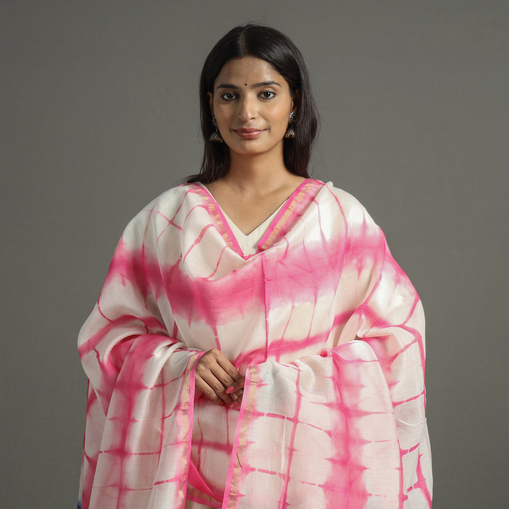 Pink - Shibori Tie-Dye Handloom Chanderi Silk Dupatta with Zari Border 56