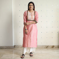 Light Pink - Plain Slub Silk Pintuck Long Straight Kurta with Ikat Patchwork 19