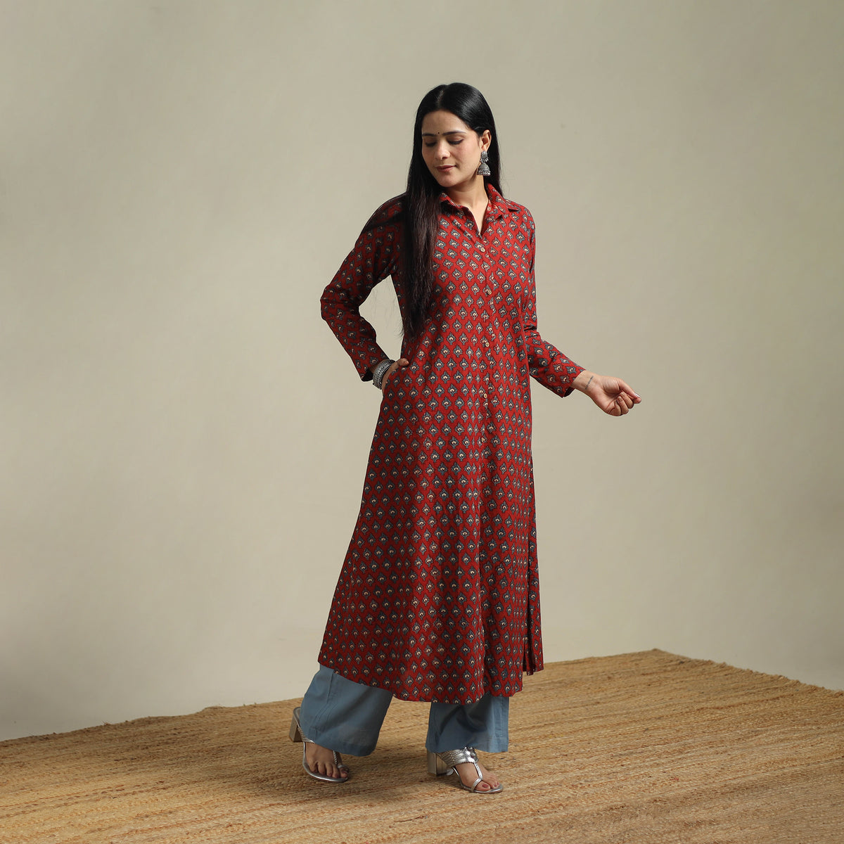 Ajrakh Hand Block Print Natural Dyed Cotton Button Down A-Line Long Kurta for women 02
