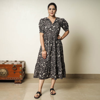 Black - Bagru Block Printed Cotton Tiered Dress 13