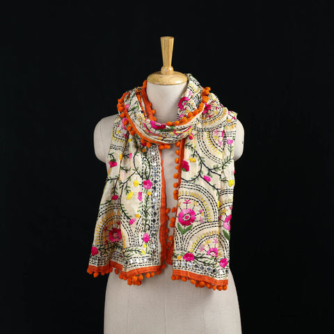 Ranihati Chanderi Silk Hand Embroidered Stole with Pom Pom 199