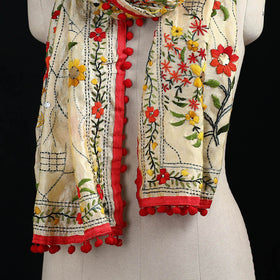 Ranihati Chanderi Silk Hand Embroidered Stole with Pom Pom 200